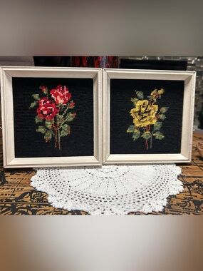 Vintage Needlepoint Rose Wall Art Pair | 7x7 Retro Floral Frames